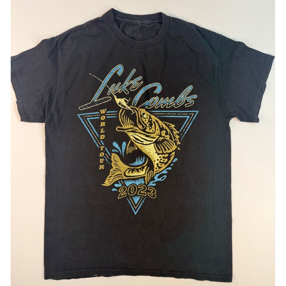 Luke Combs 2023 World Tour Concert T-Shirt Black Fishing Bass Graphic Mens Med